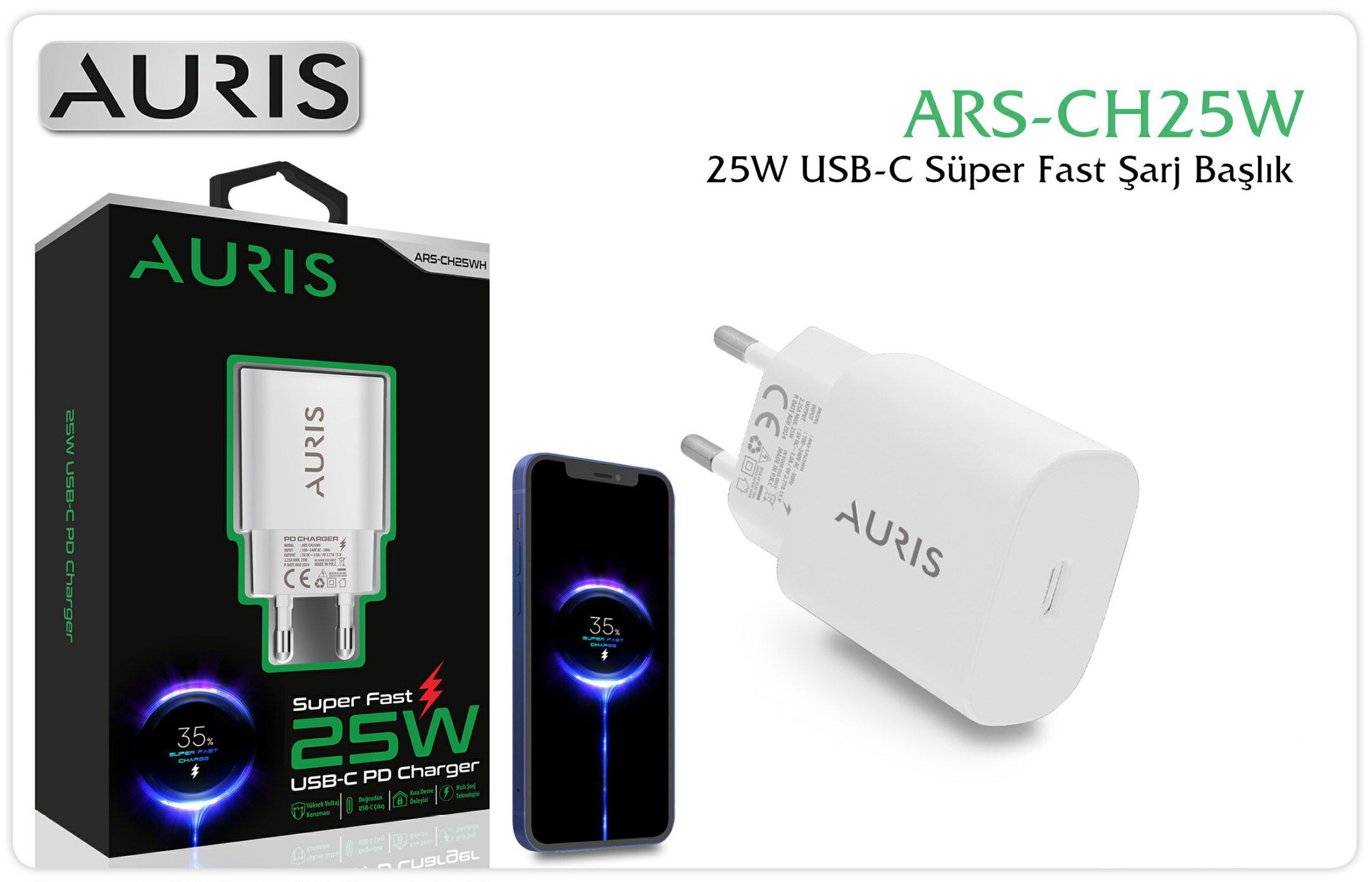 Auris CH25 Beyaz USB-C 25W Şarj Kafası 